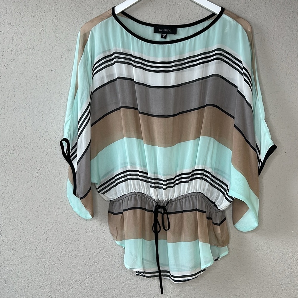 Karen Kane 100% Silk Tie Waist Kimono‎ Top Size M Mint Khaki Black Multi Striped